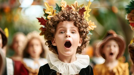 Wall Mural - A group of children dressed in elaborate historical figure costumes, celebrating Halloween with enthusiasm and creativity.