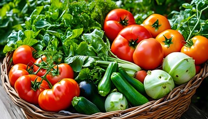 Abundant basket filled with fresh organic vegetables, showcasing leafy greens, colorful bell peppers, and ripe tomatoes, perfect for home delivery convenience