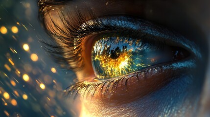 Close-Up of a Human Eye with Golden Sparkle and Reflection