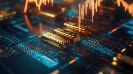 Wall Mural - Commodity trading: Gold bars on a digital financial chart, representing the trading and investment opportunities in precious metals.