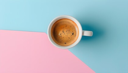 Wall Mural - Minimalist overhead view of freshly brewed coffee on dual-tone pastel pink and light blue background