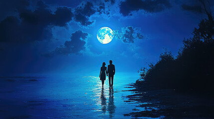 couples are walking along the beach un the full moon , 