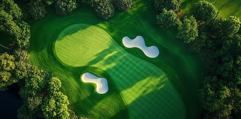 aerial view of a golf course green with two sand traps.