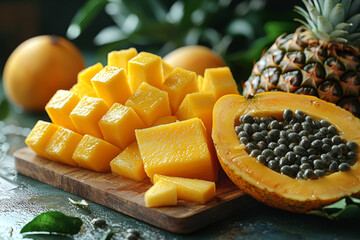 Sticker - An assortment of tropical fruits such as mango, pineapple, and papaya on a cutting board. Concept of a healthy, vitamin-rich diet.