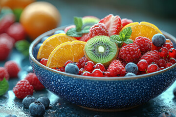 Wall Mural - A vibrant bowl of fresh, colorful fruits including berries, kiwi, and oranges, emphasizing a healthy diet.