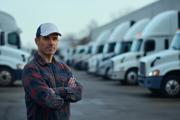 A confident truck driver stands in front of parked semi-trucks, showcasing a professional attitude in a logistics yard.