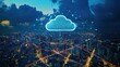 © CStock - Aerial view of a city skyline with glowing lines representing cloud data flow and connectivity across buildings and infrastructure