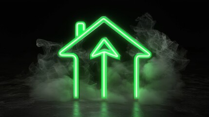 Neon green home icon with colorful technology symbols. 3D rendering.