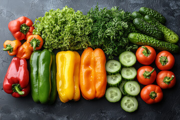 Poster - A variety of brightly colored bell peppers, carrots, and cucumbers arranged in an aesthetically pleasing way. Concept of a balanced diet.