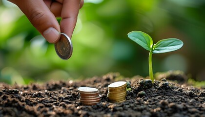 Wall Mural - Nurturing green investments by depositing coins into soil, symbolizing commitment to sustainability and the growth of eco-friendly financial decisions.