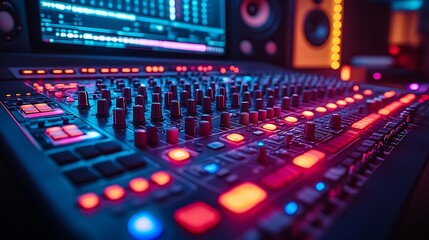 Close-up of a professional audio mixing console with faders, buttons, and knobs.