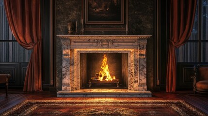 An elegant fireplace with a marble mantel, fire glowing warmly on a winter's night.