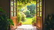 © pinporn manosri - An open door leading into a lush, green garden, inviting nature inside