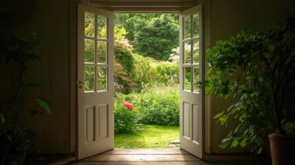 An open door leading into a lush, green garden, inviting nature inside