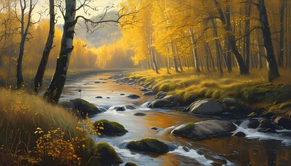 Wall Mural - Golden Forest Reflections in an Autumnal River