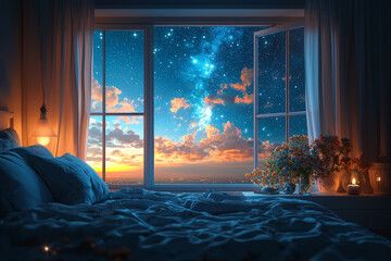 Poster - A bedroom with a view of a starry night sky through an open window, promoting a sense of tranquility before sleep. Concept of sleep ambiance.