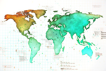 Poster - Digital World Map with Code Elements on Grid Background. 3D Rendering