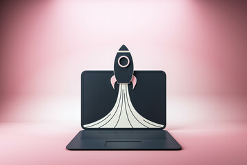 Wall Mural - rocket launching from laptop screen on pink background, symbolizing startup and technology. 3d rende