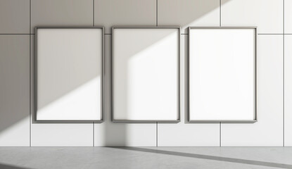 Wall Mural - Three blank posters on a modern indoor wall with a concrete floor. 3D Rendering