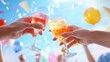 © JR-50 - A festive toast with colorful drinks, surrounded by balloons and confetti, celebrating joy and togetherness under a bright sky.