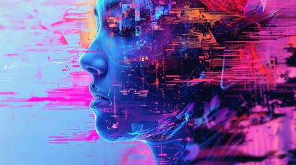 Canvas Print - Digital Art, Abstract Face, Glitch Effect, Neon Colors