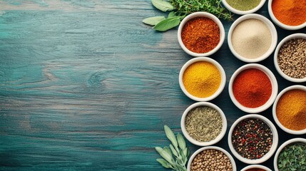 Spices and herbs arranged in a circular mandala on a rustic table.