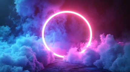 A glowing pink neon circle ring sits in front of blue and pink clouds.