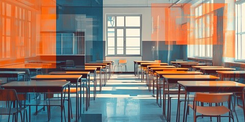 Wall Mural - Generative ai picture collage of classroom interior with school desks chair for teaching learning students --ar 2:1 --v 6.1 Job ID: 3734bb78-c32d-4290-afcc-72fb5d6cc228