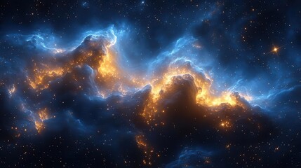 Wall Mural - celestial nebula with shimmering gold particles deep blue cosmic swirls intertwining with luminous stardust creating an ethereal abstract tapestry of the cosmos