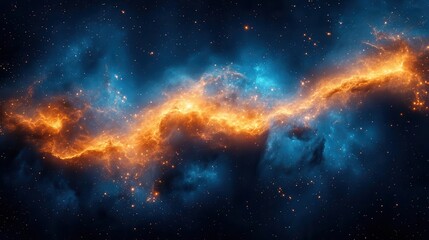 Wall Mural - celestial nebula with shimmering gold particles deep blue cosmic swirls intertwining with luminous stardust creating an ethereal abstract tapestry of the cosmos