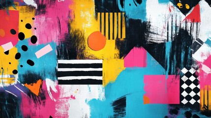 Bold and colorful collage with geometric shapes and brushstrokes, great for artistic and modern banner designs.