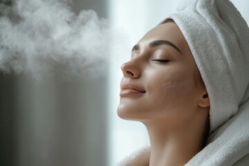 Young woman enjoying facial steaming treatment in spa