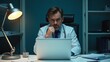 © Andrew505 - Doctor Working on Laptop: Medical Professional Focused on Digital Tasks in Clinical Setting