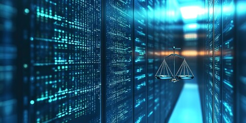 Wall Mural - empty copy space banner law on background of data center. digital law concept of duality of judiciar