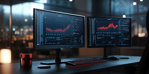 Sticker - Dual computer monitors displaying financial data charts and graphs in a dark room with blurred futuristic background. Technology and analysis concept