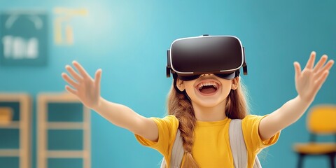 Wall Mural - cute litter girl student with (VR) virtual reality headset