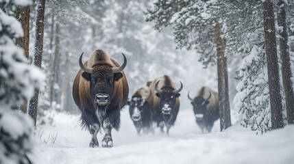 In a wintery forest, majestic aurochs, mighty bison, roam amidst snow-laden trees. They stand as a testament to the beauty and resilience of the wild