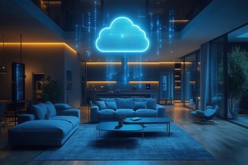 Sticker - connected smart home ecosystem stylized illustration of various smart devices orbiting central cloud linked by glowing data streams in sleek modern living room