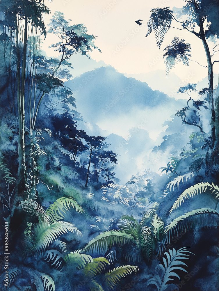 Serene watercolor painting of a misty tropical rainforest with towering ...