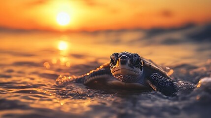 A baby sea turtle crawls towards the ocean at sunset, its journey to the open water a symbol of new beginnings.