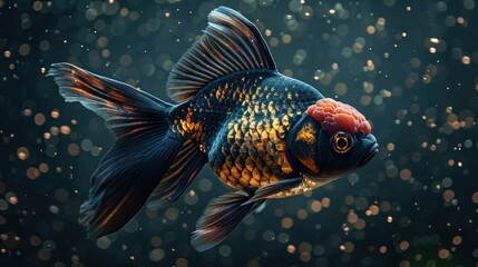 Poster - Black and Red Goldfish with Golden Scales in Water.