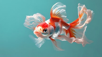 Goldfish with Flowing Fins in Blue Water.