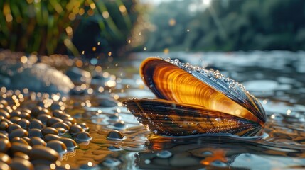 Aufkleber - Open Mussel Shell in Water with Water Droplets.