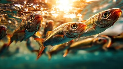 Aufkleber - Fish swimming in the water with sun shining through.