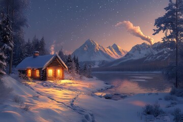 cozy log cabin nestled in snowcovered pine forest warm glow from windows smoke curling from chimney pristine white snow sparkling under clear starry night sky