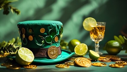 Wall Mural - Lively Saint Patricks Day scene featuring leprechaun hat, shimmering gold coins, and fresh lime slices against a vibrant green backdrop