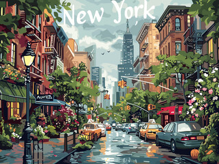 Wall Mural - A colorful cityscape of New York with a yellow taxi cab driving down a street. The city is full of life and energy, with tall buildings and a bustling atmosphere. The sky is filled with clouds