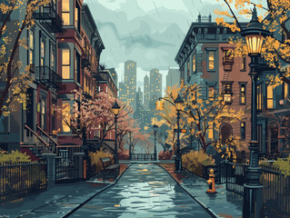 Wall Mural - A painting of a city street with a man standing on the sidewalk. The painting is in a style that is reminiscent of a watercolor painting