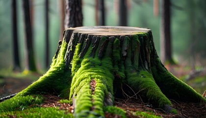 Poster - Moss-covered tree stump nestled in a tranquil forest setting, showcasing the beauty of natures resilience and intricate details.