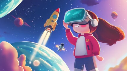 Fantasy space background Cartoon Girl wear VR glasses for future travel concept.